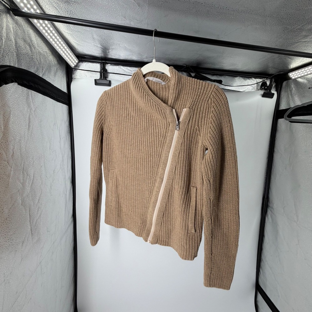 Athleta Womens Tan 100% Merino Wool Asymmetrical Zip Moto Ribbed Sweater XS